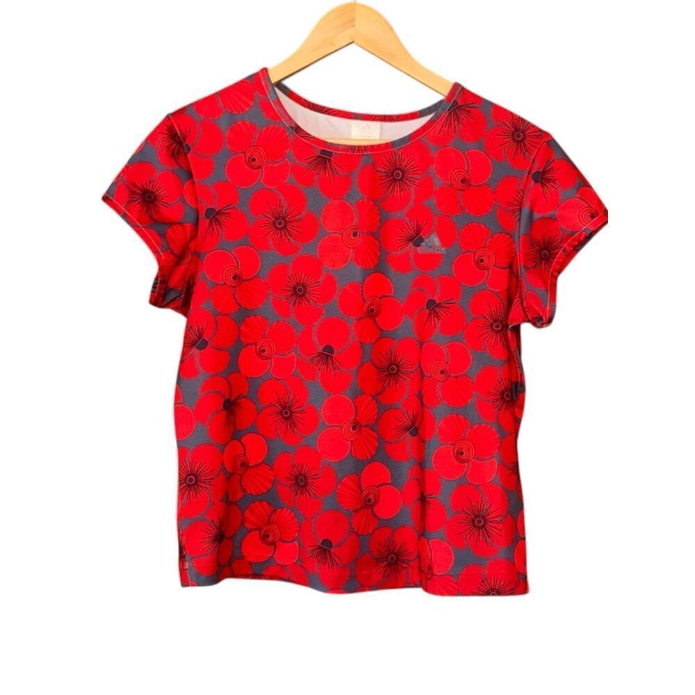 ADIDAS Vintage Y2K Red Floral Poppy Print Performance Tee 2002